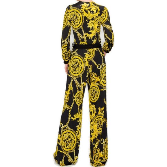 Janette Fashion Black Gold Chain Bell Long Sleeve V-neck Jumpsuit - Picture 3 of 4